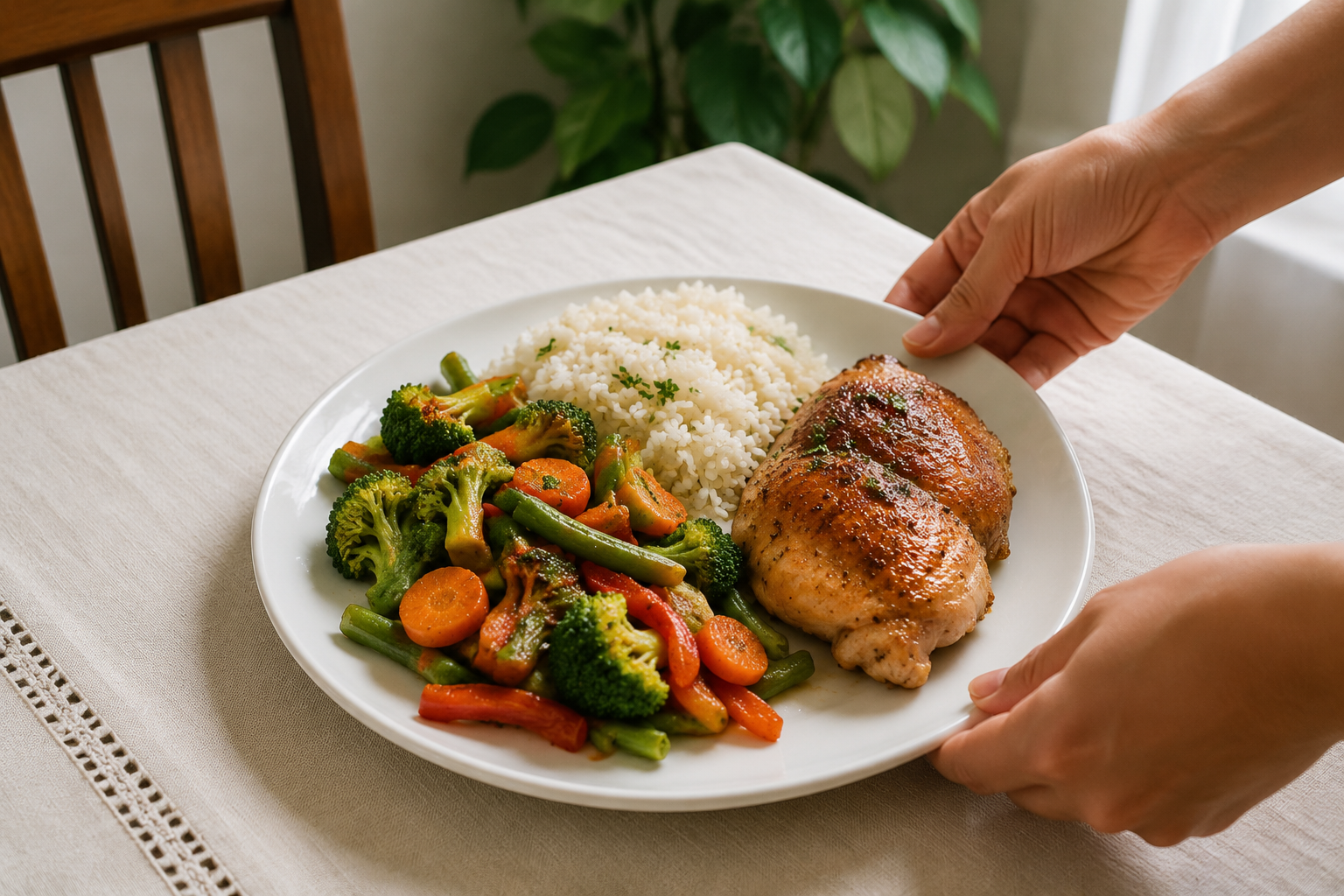 Home-cooked chicken, rice and vegetables served on a white plate