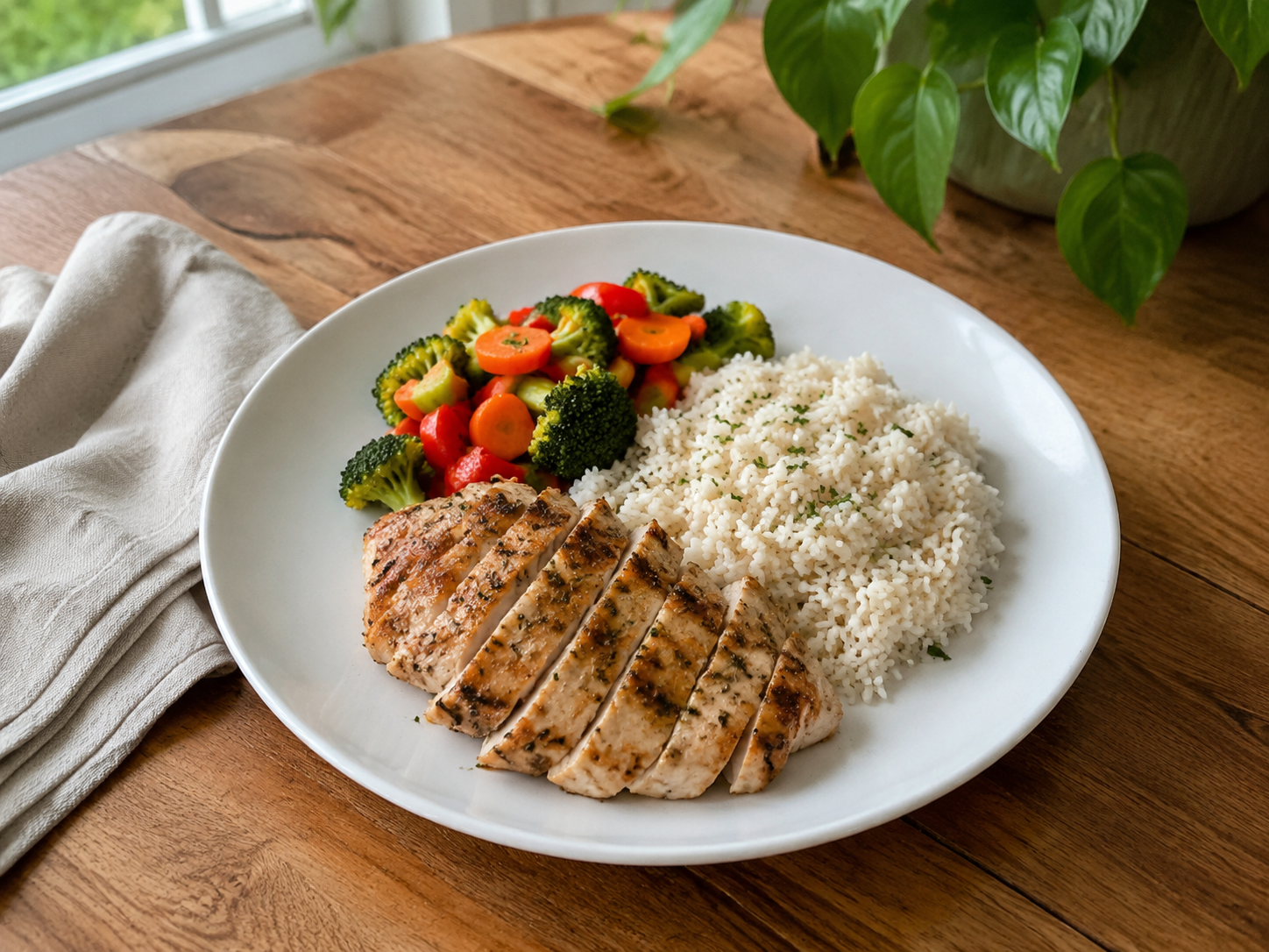 A simple plate with chicken, rice and vegetables